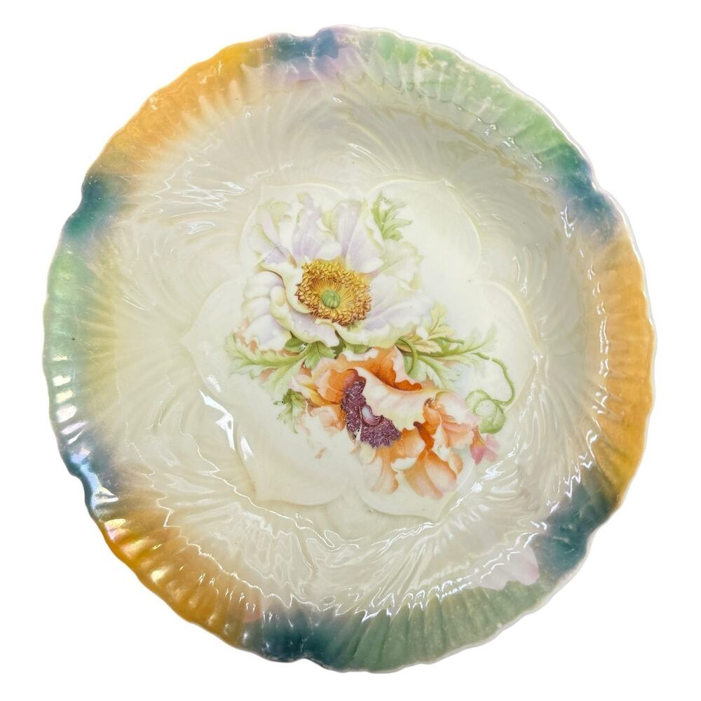 Antique Germany Iridescent Bowl Scalloped Peach Teal Floral Decorative 9"